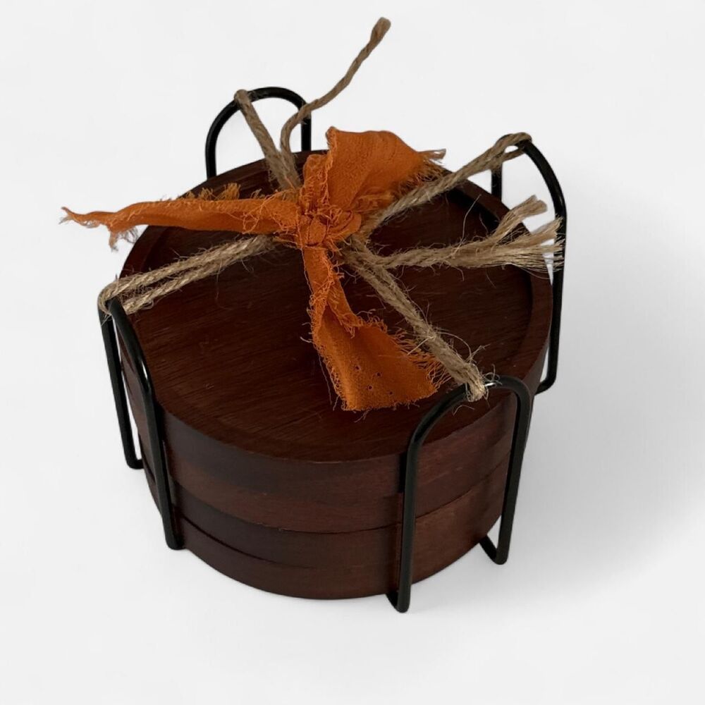 TJMAXX Dark Cherry Wooden Coaster set in black wire holder New set of 4